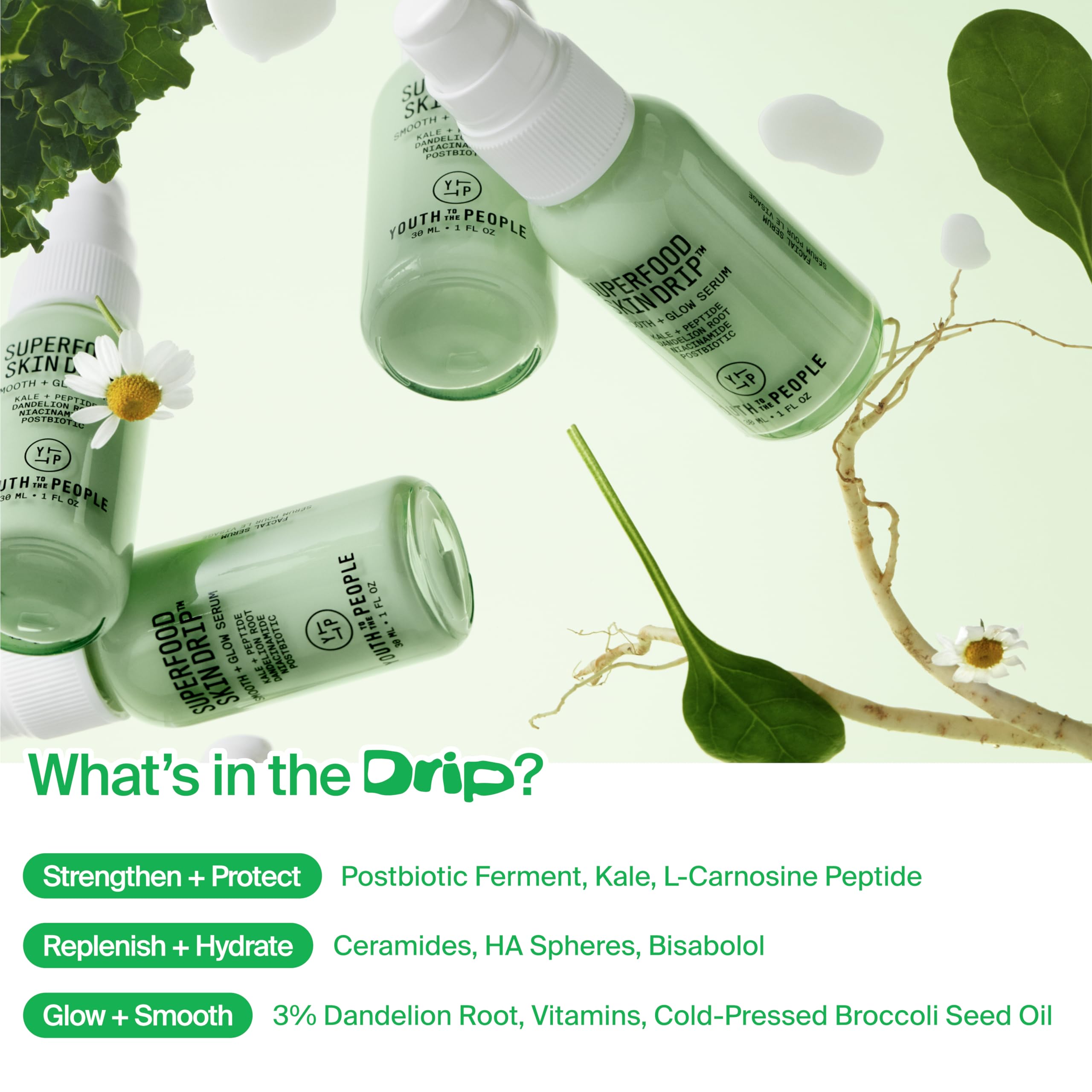 Youth To The People Superfood Skin Drip Face Serum (1 fl oz), Strengthens Skin Barrier + Evens Skin Tone, 5% Niacinamide, Kale, Peptides, Ceramides, Boosts Glow, Vegan